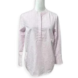 Banana Republic Popover Top Windowpane Long Sleeve Round Hem Pink White W US XS